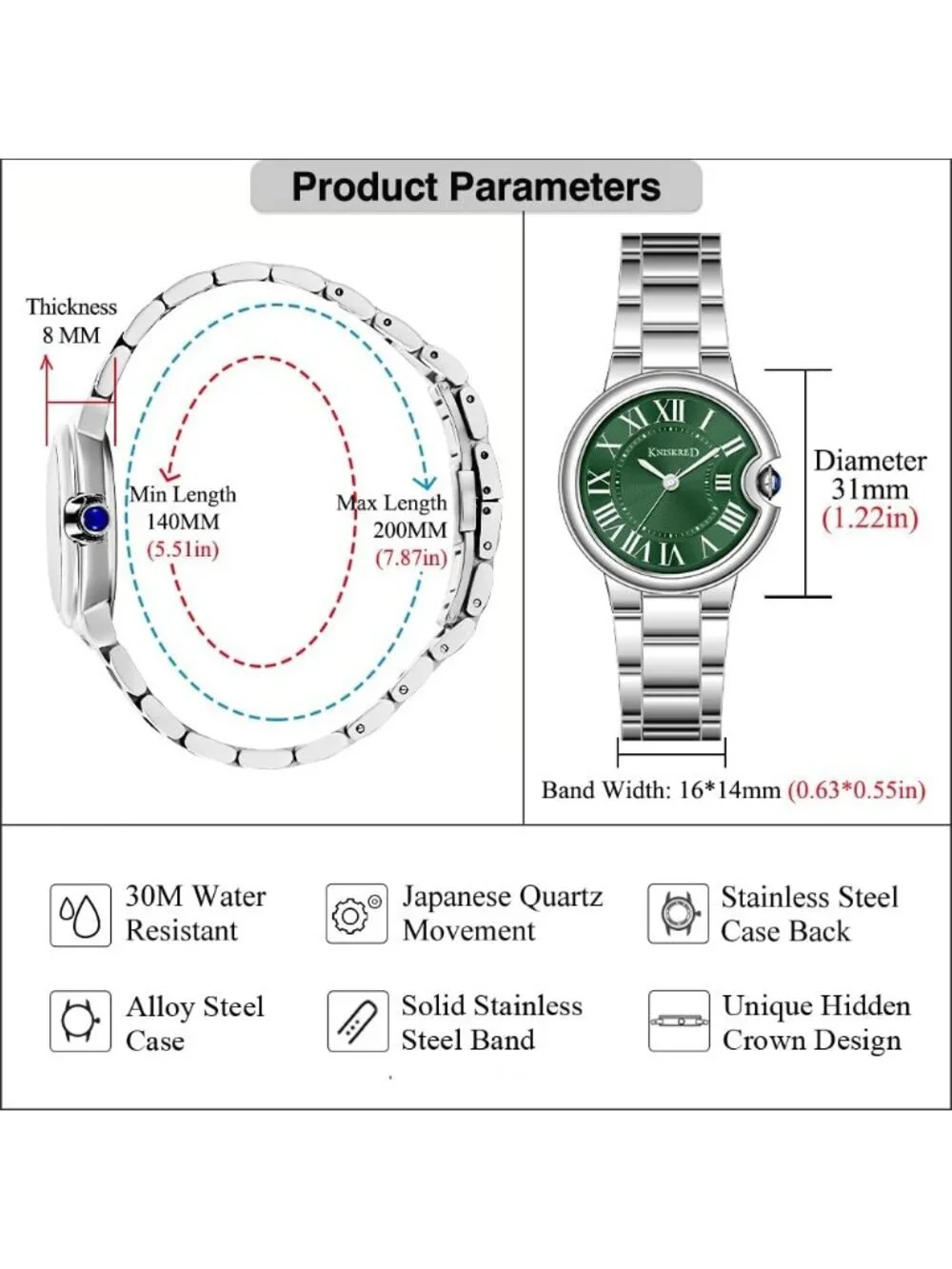 Women's Silver Green Roman Numerals Solid Vintage Stainless Steel Band Watches